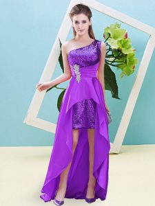 Elastic Woven Satin and Sequined Sleeveless High Low Prom Evening Gown and Beading and Sequins
