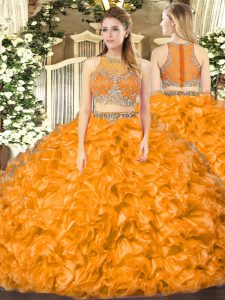 Attractive Beading and Ruffles Quinceanera Gown Orange Red Zipper Sleeveless Floor Length