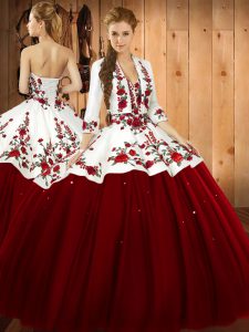 Satin and Tulle Sweetheart Sleeveless Lace Up Embroidery Quinceanera Gown in Wine Red