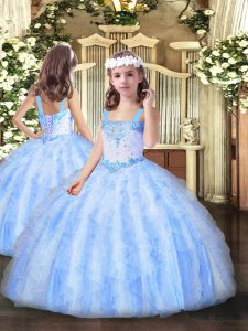 Sleeveless Organza Floor Length Lace Up High School Pageant Dress in Light Blue with Beading and Ruffles