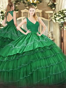 Ball Gowns Sweet 16 Dress Green V-neck Satin and Tulle Sleeveless Floor Length Zipper