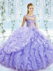 Lace Up Sweet 16 Dresses Lavender for Sweet 16 and Quinceanera with Beading and Ruffles and Pick Ups Brush Train