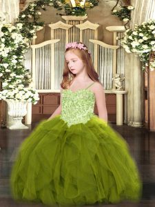 Olive Green Lace Up Spaghetti Straps Appliques and Ruffles Pageant Dress Womens Tulle Sleeveless