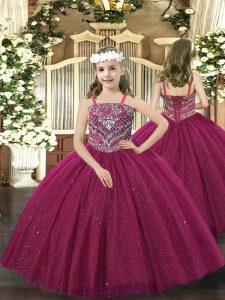 Fuchsia Lace Up Straps Beading Pageant Gowns For Girls Tulle Sleeveless