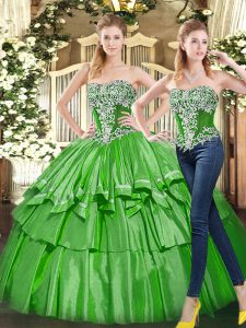 Dazzling Green Ball Gowns Beading and Ruffled Layers Ball Gown Prom Dress Lace Up Tulle Sleeveless Floor Length