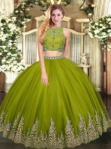 Stylish Sleeveless Floor Length Beading and Appliques Zipper Quinceanera Dresses with Olive Green