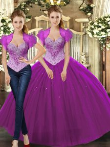 Luxury Beading Sweet 16 Dresses Fuchsia Lace Up Sleeveless Floor Length