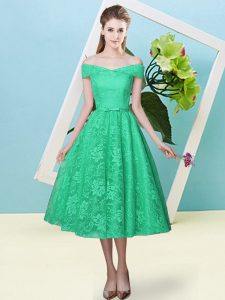 Cap Sleeves Lace Tea Length Lace Up Quinceanera Court of Honor Dress in Turquoise with Bowknot