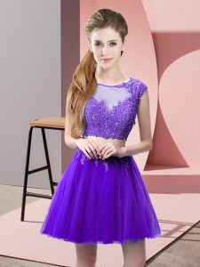 Amazing Purple Two Pieces Scoop Sleeveless Tulle Mini Length Zipper Appliques Prom Dresses