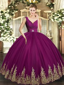 Comfortable Floor Length Backless Quinceanera Gowns Fuchsia for Sweet 16 and Quinceanera with Beading and Appliques and 
