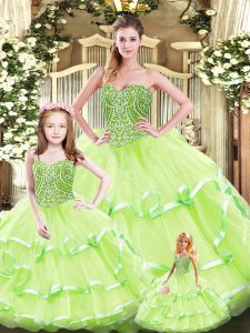 Vintage Sweetheart Sleeveless Quinceanera Gown Floor Length Beading and Ruffled Layers Yellow Green Tulle
