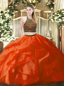 Most Popular Organza Halter Top Sleeveless Zipper Beading and Ruffles Quinceanera Dress in Orange Red