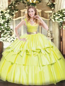 Custom Designed Floor Length Yellow Green 15 Quinceanera Dress Tulle Sleeveless Beading and Ruffled Layers
