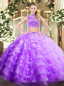 Elegant Lavender Two Pieces High-neck Sleeveless Tulle Floor Length Backless Beading and Ruffled Layers Quinceanera Gown