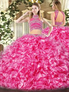 Fantastic Hot Pink Ball Gown Prom Dress Military Ball and Sweet 16 and Quinceanera with Beading and Ruffles High-neck Sl