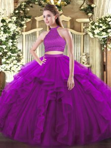 Purple Two Pieces Beading and Ruffles Quinceanera Gowns Backless Tulle Sleeveless Floor Length