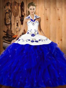 Fantastic Halter Top Sleeveless Satin and Organza Vestidos de Quinceanera Embroidery and Ruffles Lace Up