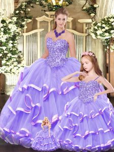 Latest Sweetheart Sleeveless Quinceanera Gowns Floor Length Beading and Ruffled Layers Lavender Organza