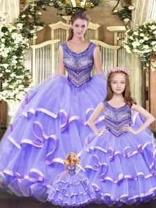 Lilac Quince Ball Gowns Military Ball and Sweet 16 and Quinceanera with Beading and Ruffled Layers Scoop Sleeveless Lace