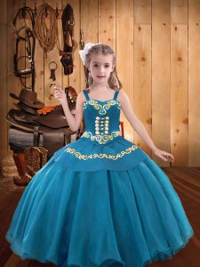 Graceful Sleeveless Lace Up Floor Length Embroidery and Ruffles Kids Pageant Dress