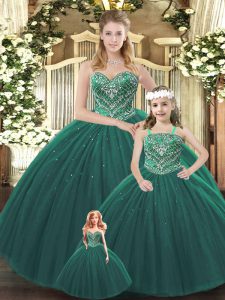 Dark Green Lace Up Ball Gown Prom Dress Beading Sleeveless Floor Length