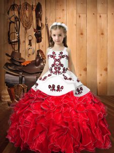 Red Lace Up Little Girls Pageant Gowns Embroidery and Ruffles Sleeveless Floor Length
