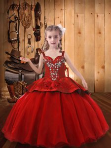 Classical Floor Length Wine Red Glitz Pageant Dress Taffeta and Tulle Sleeveless Beading and Appliques