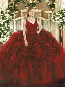 V-neck Sleeveless Sweet 16 Quinceanera Dress Floor Length Beading and Ruffles Wine Red Organza