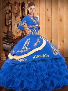 Floor Length Lace Up Quinceanera Gowns Blue for Military Ball and Sweet 16 and Quinceanera with Embroidery and Ruffled L