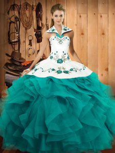 Classical Embroidery and Ruffles 15 Quinceanera Dress Teal Lace Up Sleeveless Floor Length