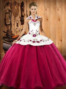Floor Length Hot Pink Quinceanera Gowns Satin and Tulle Sleeveless Embroidery