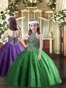 Green Tulle Lace Up Little Girl Pageant Gowns Sleeveless Floor Length Beading