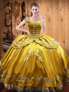 Artistic Ball Gowns Sweet 16 Dress Gold Off The Shoulder Satin and Organza Sleeveless Floor Length Lace Up