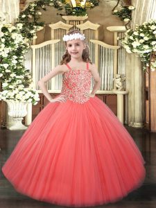 Cute Coral Red Sleeveless Tulle Lace Up Little Girls Pageant Gowns for Party and Quinceanera
