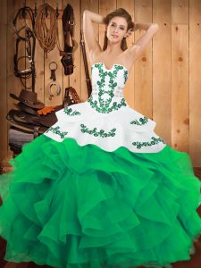 Green Satin and Organza Lace Up Strapless Sleeveless Floor Length Sweet 16 Dresses Embroidery and Ruffles