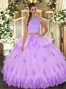 Cheap Floor Length Lavender Quinceanera Dress Halter Top Sleeveless Backless