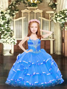 Beautiful Blue Sleeveless Organza Lace Up Girls Pageant Dresses for Party and Quinceanera