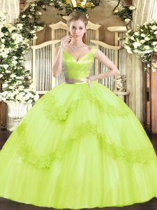 Sweet Yellow Green Ball Gowns Tulle V-neck Sleeveless Beading and Appliques Floor Length Zipper Vestidos de Quinceanera
