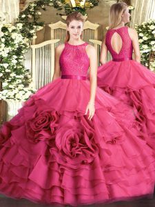 Hot Pink Sleeveless Lace Floor Length Quinceanera Gown