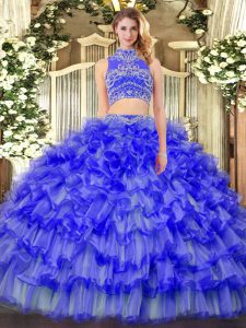 Blue Backless High-neck Beading and Ruffled Layers 15th Birthday Dress Tulle Sleeveless