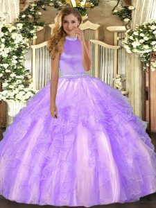 Discount Lavender Organza Backless Halter Top Sleeveless Floor Length Quince Ball Gowns Beading and Ruffles