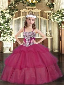 Excellent Organza Straps Sleeveless Lace Up Appliques and Ruffled Layers Evening Gowns in Wine Red