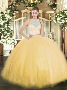 Chic Tulle Scoop Sleeveless Zipper Lace Ball Gown Prom Dress in Gold