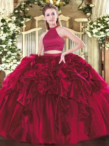 Sexy Fuchsia Organza Backless Halter Top Sleeveless Floor Length Sweet 16 Dress Beading and Ruffles