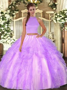 Eye-catching Lavender Two Pieces Organza Halter Top Sleeveless Beading and Ruffles Floor Length Backless Ball Gown Prom 