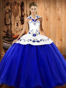 Ideal Blue And White Ball Gowns Satin and Tulle Halter Top Sleeveless Embroidery Floor Length Lace Up Quinceanera Dress
