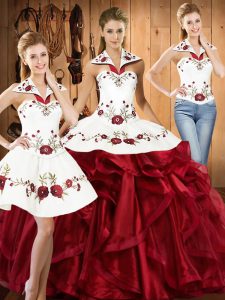 Wine Red Halter Top Neckline Embroidery and Ruffles Quinceanera Gown Sleeveless Lace Up