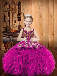 Excellent Fuchsia Ball Gowns Fabric With Rolling Flowers Straps Sleeveless Embroidery Lace Up Pageant Dress for Teens Br