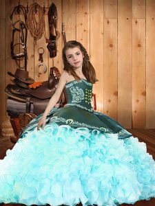 Pretty Light Blue Pageant Dress for Girls Organza Brush Train Sleeveless Embroidery and Ruffles