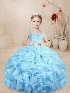 Customized Straps Sleeveless Little Girls Pageant Dress Wholesale Floor Length Beading and Ruffles Baby Blue Organza